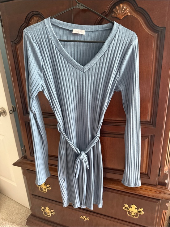 Pink Lily Dresses & Skirts - Pink Lily Dress - Slate Blue Ribbed V-Neck Long Sleeve Tie-Waist Dress